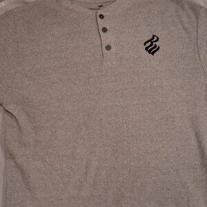 Mens Rocawear Grey Waffle Knit Thermal Henley Long Sleeve Shirt Streetwear Size